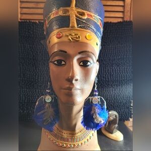 5 inches Bohemian style feathers /blue denim fabric earrings